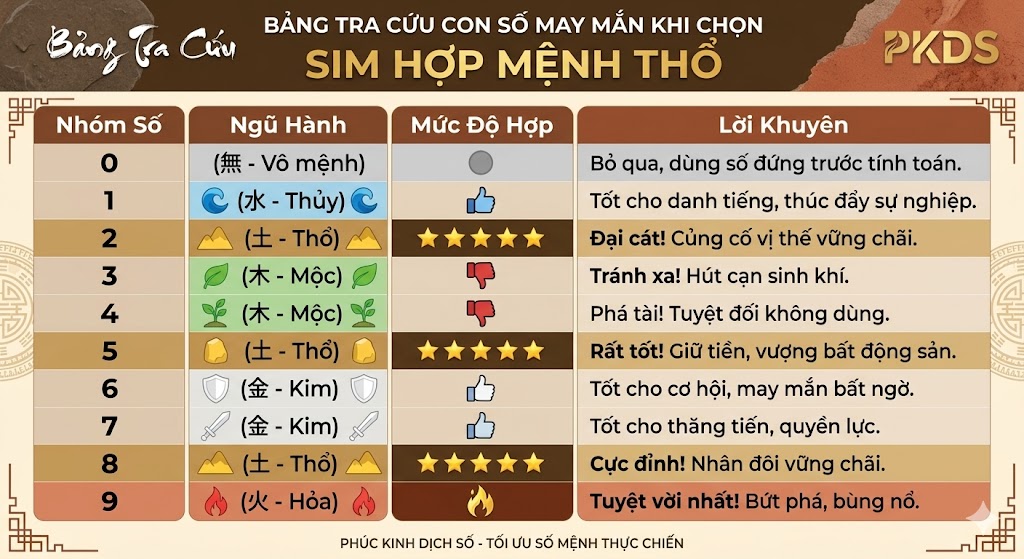 Bảng tra cứu con số may mắn khi chọn sim hợp mệnh Thổ