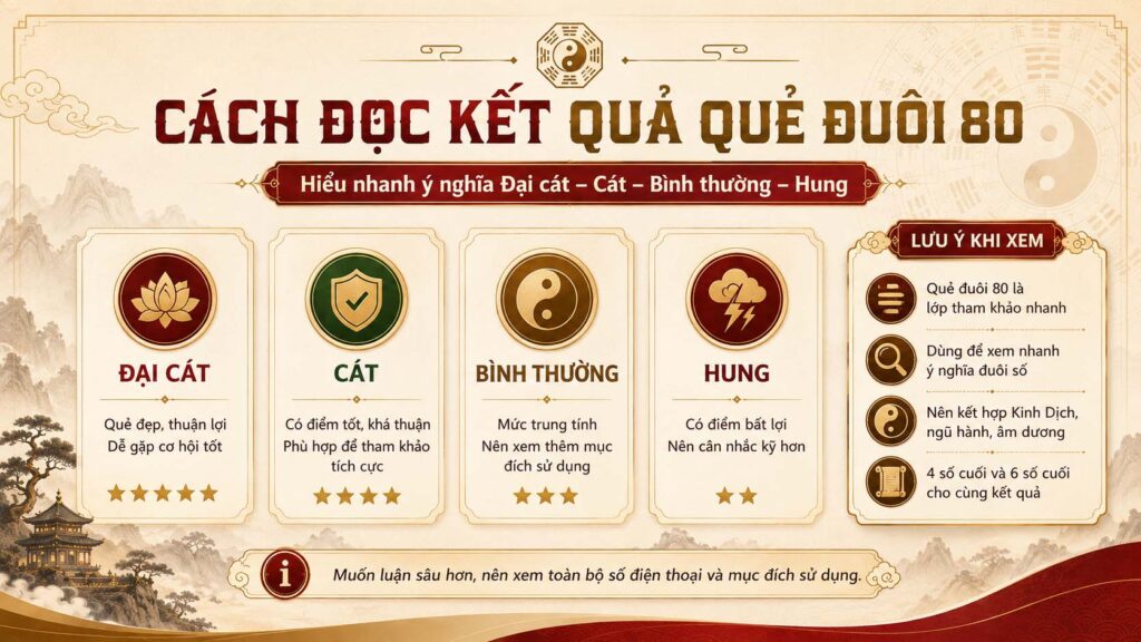 Cách đọc kết quả quẻ đuôi 80 gồm Đại cát, Cát, Bình thường và Hung