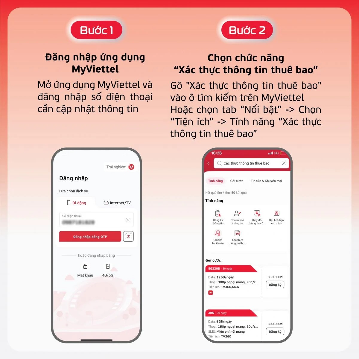 Đăng nhập MyViettel và chọn tính năng xác thực thông tin thuê bao