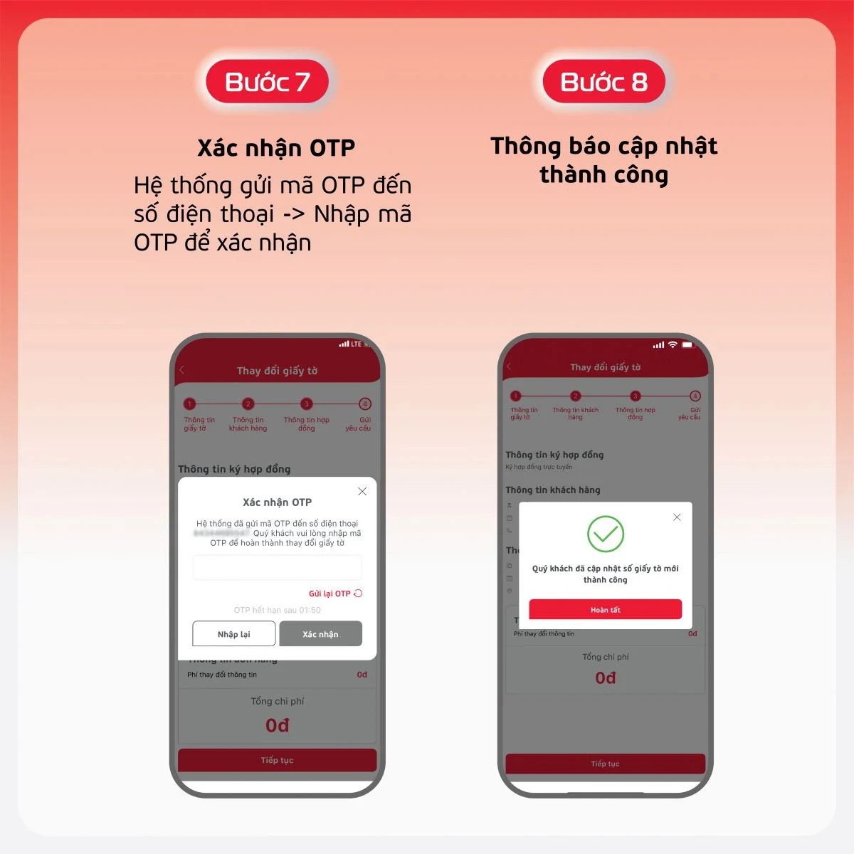 Xác nhận OTP và nhận thông báo cập nhật thông tin thuê bao thành công trên MyViettel