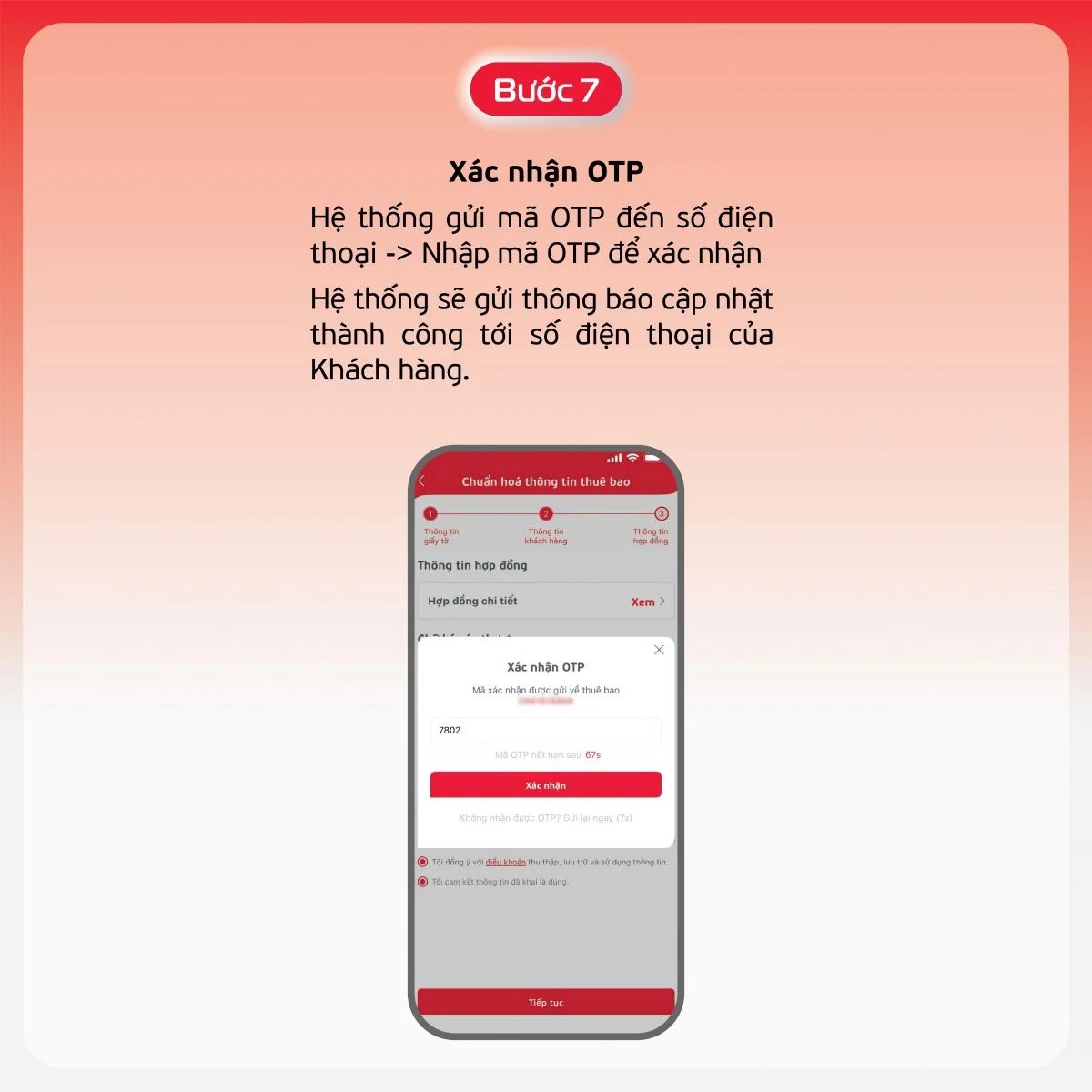 Xác nhận OTP và hoàn tất cập nhật thông tin thuê bao trên MyViettel
