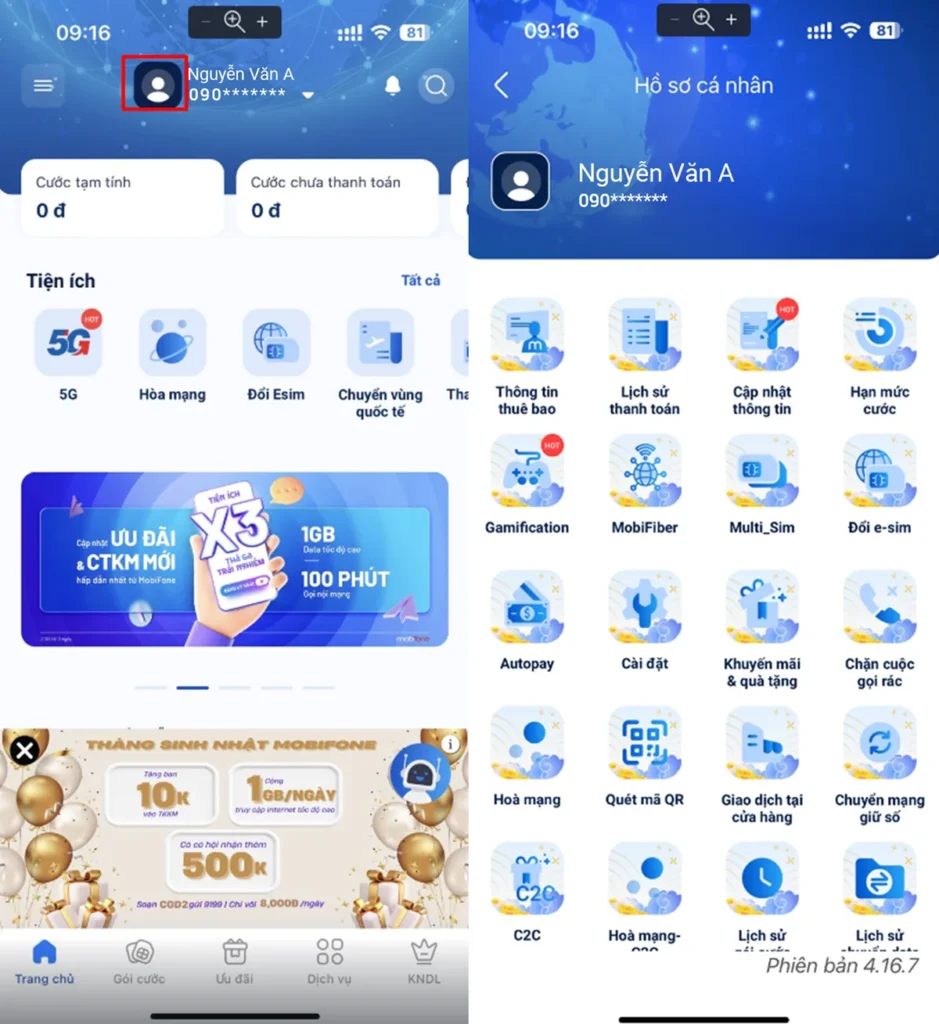 Chọn ảnh đại diện, vào Hồ sơ cá nhân và chọn Cập nhật thông tin trên My MobiFone