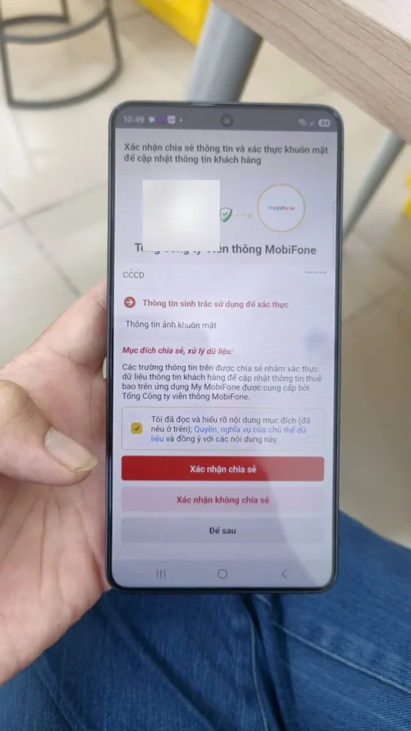 Xác nhận chia sẻ dữ liệu cho MobiFone trên ứng dụng My MobiFone