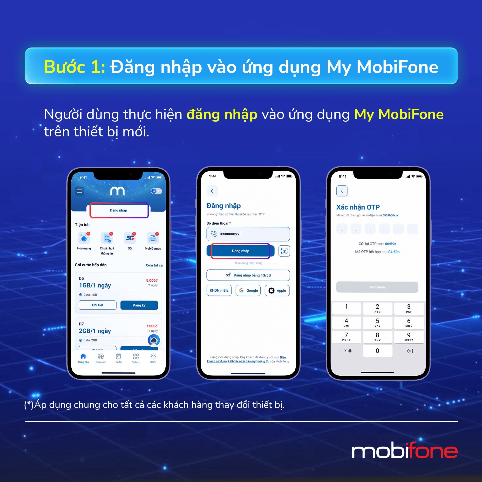 Bước 1 đăng nhập My MobiFone trên thiết bị mới và xác nhận OTP