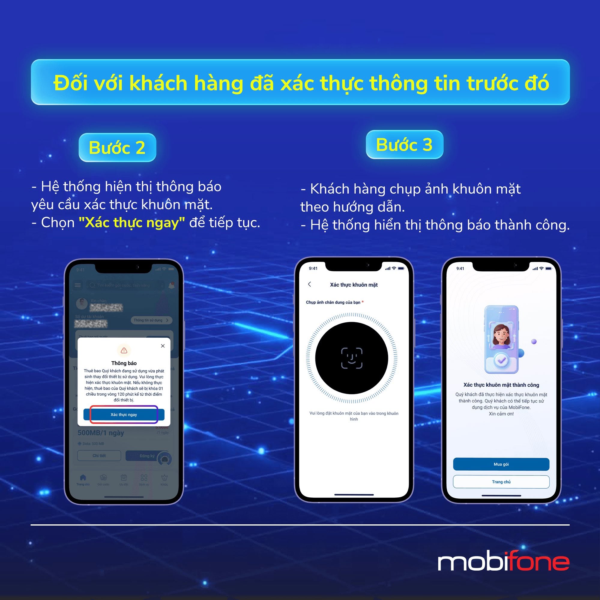 My MobiFone yêu cầu xác thực khuôn mặt đối với khách hàng đã xác thực thông tin trước đó