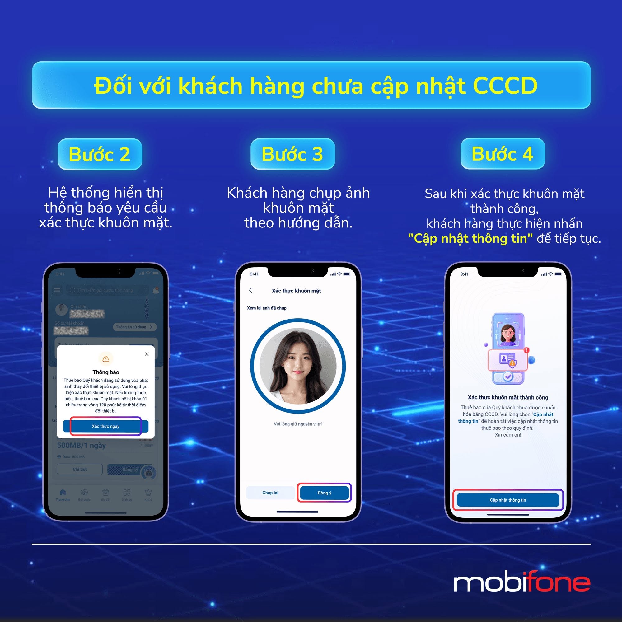 Khách hàng MobiFone chưa cập nhật CCCD xác thực khuôn mặt và tiếp tục cập nhật thông tin
