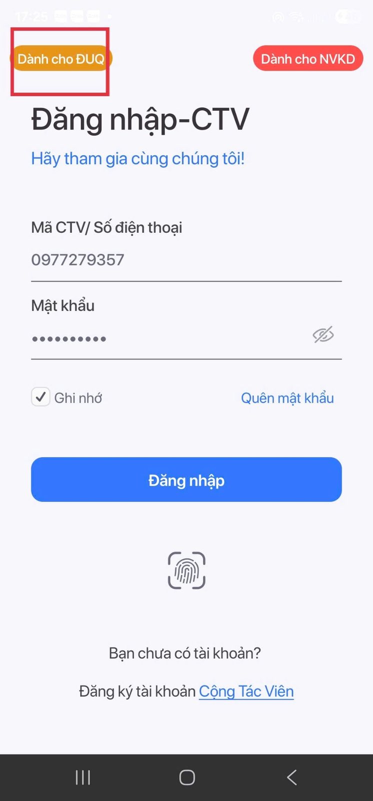 Chọn đăng nhập dành cho ĐUQ trên DigiShop