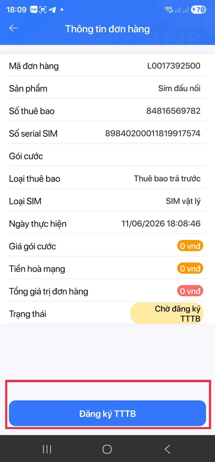 Đơn hàng chờ đăng ký thông tin thuê bao