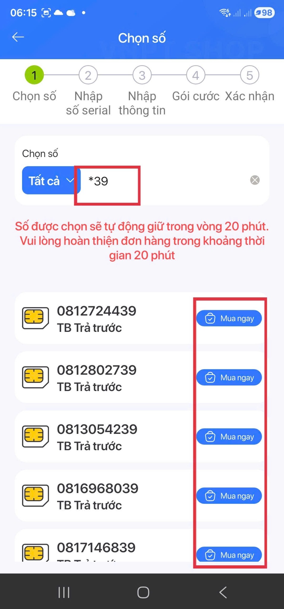 Tìm số đuôi 39 và bấm Mua ngay