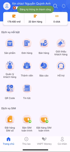 Thông báo đăng ký thông tin thành công