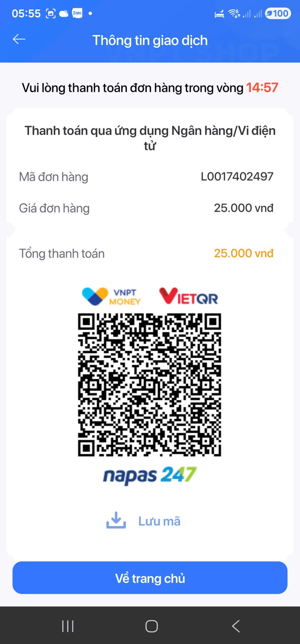 Màn hình QR thanh toán 25.000đ