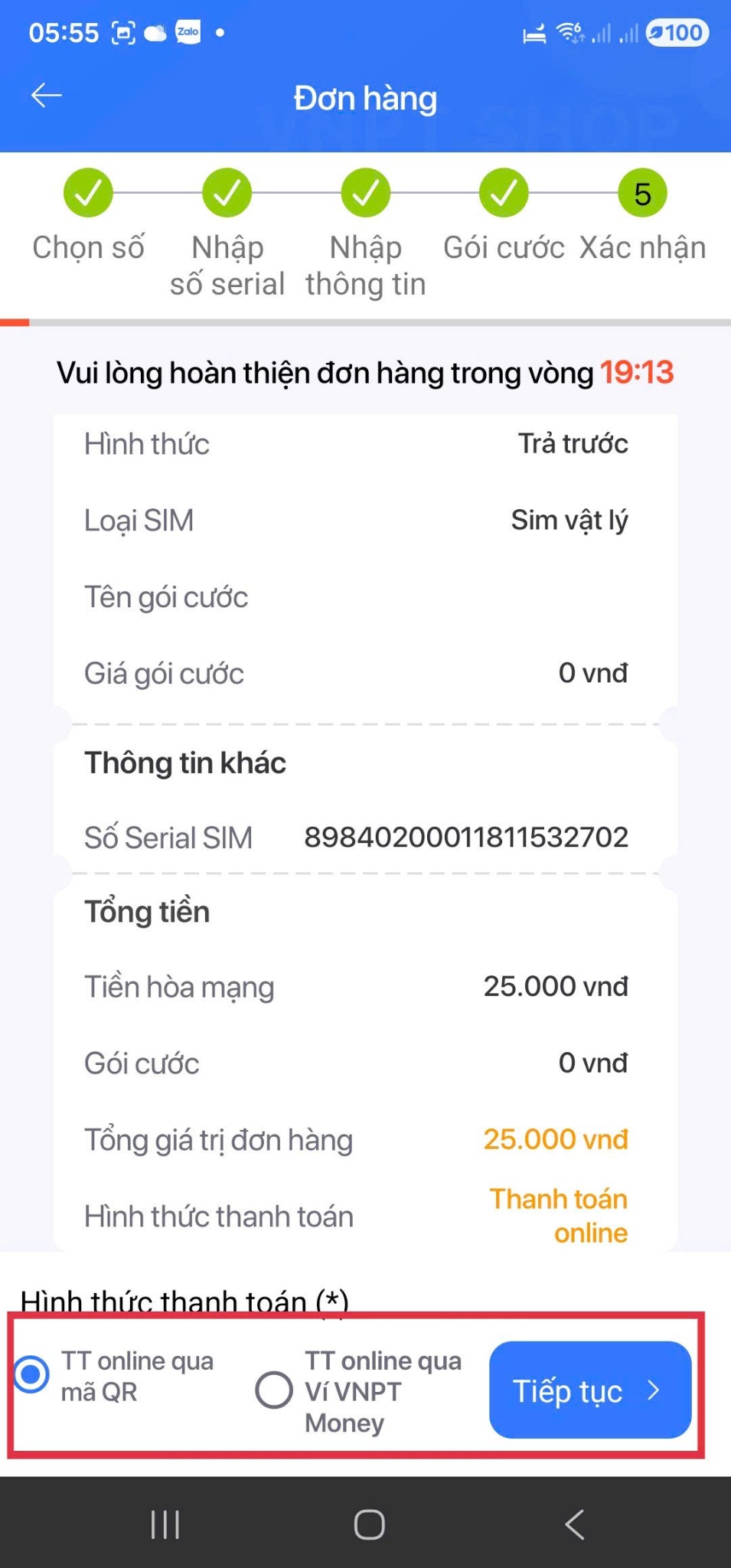 Chọn thanh toán online qua mã QR và bấm Tiếp tục