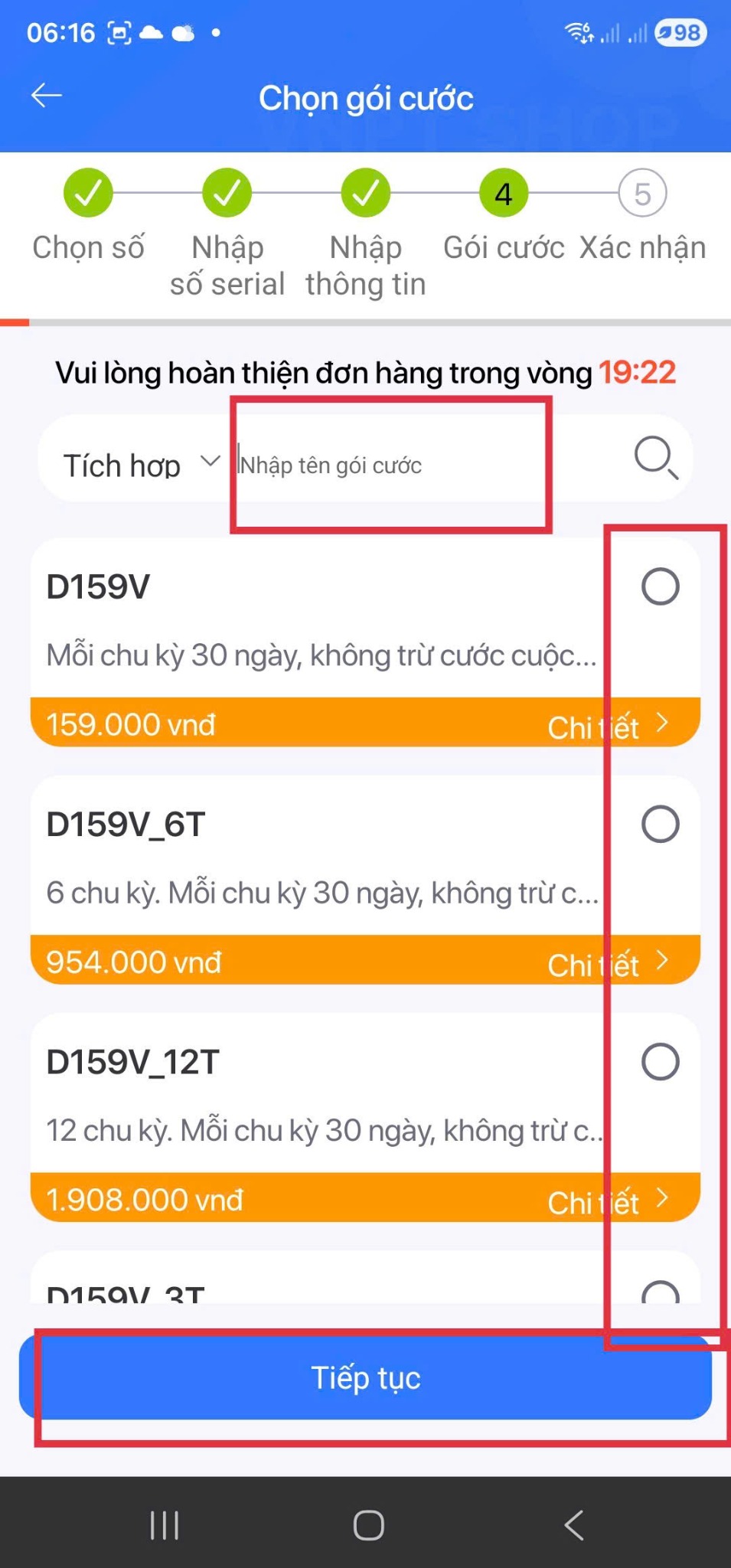 Chọn gói cước hoặc bỏ qua trong luồng Bán SIM toàn trình