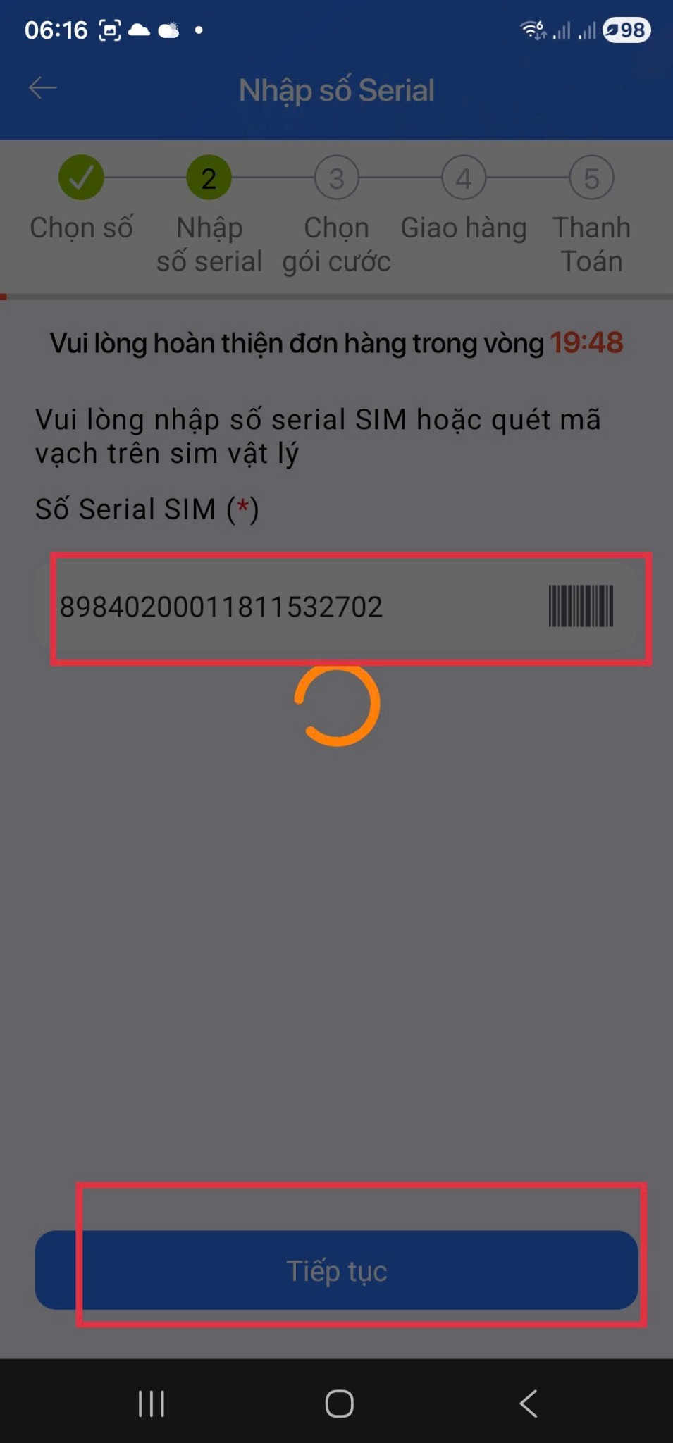 Nhập hoặc quét serial SIM trong luồng Bán SIM toàn trình