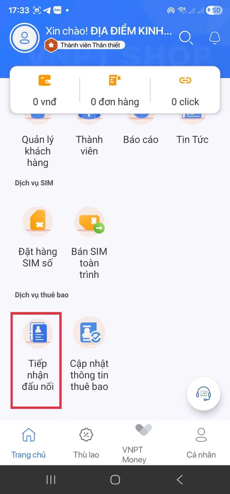 Chọn Tiếp nhận đấu nối trên DigiShop