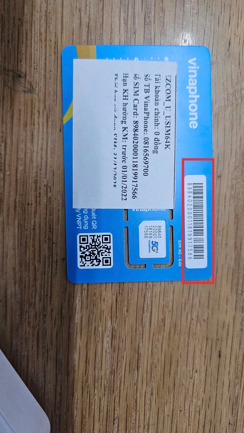 Vị trí số serial và mã vạch trên phôi SIM VinaPhone