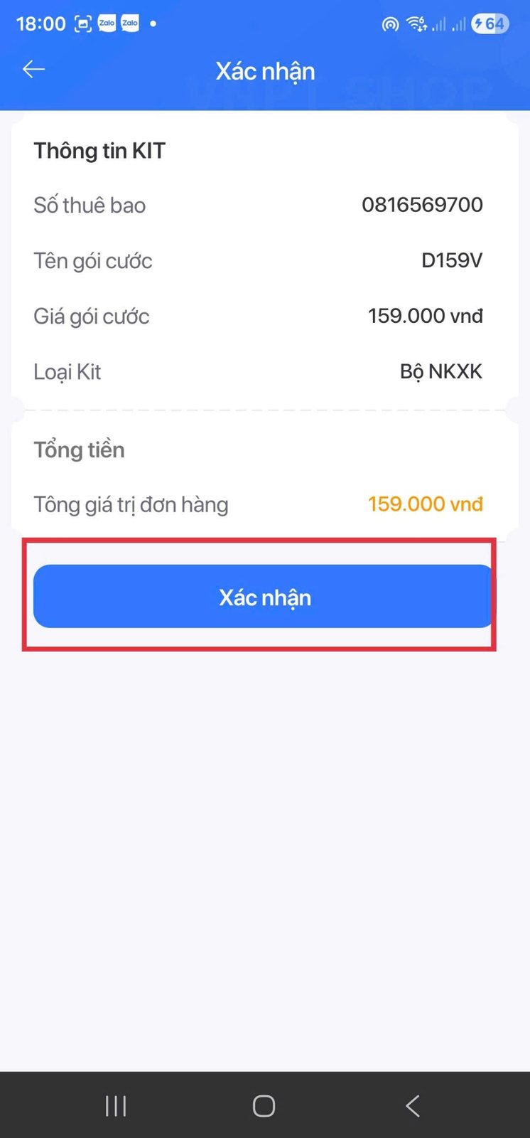 Xác nhận thông tin KIT và gói cước trên DigiShop