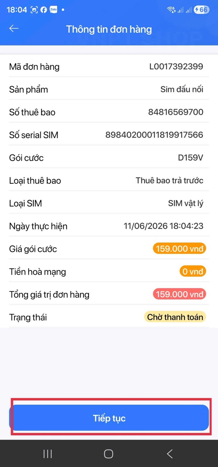 Thông tin đơn hàng và nút Tiếp tục