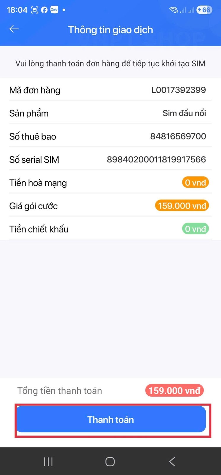 Thông tin giao dịch và nút Thanh toán