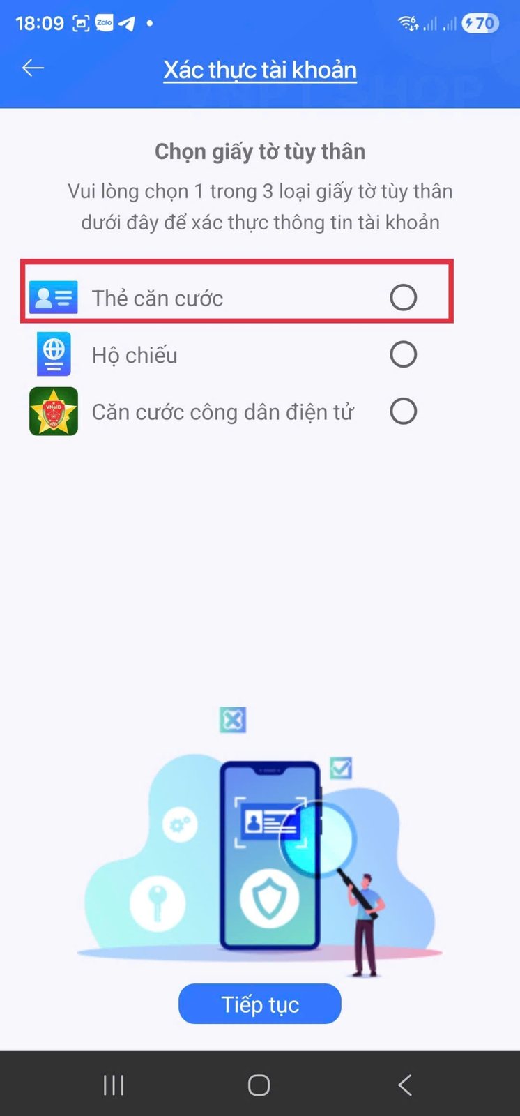 Chọn giấy tờ tùy thân để xác thực tài khoản