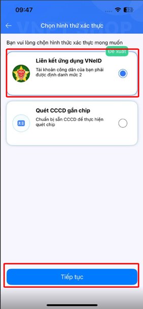 Chọn liên kết ứng dụng VNeID để xác thực