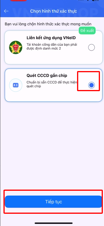 Chọn xác thực bằng quét CCCD gắn chip NFC trên DigiShop