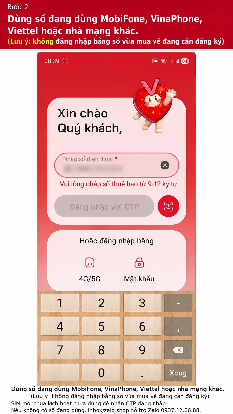 Dùng số đang dùng MobiFone, VinaPhone, Viettel hoặc nhà mạng khác để đăng nhập Tammi, không dùng số SIM mới cần đăng ký