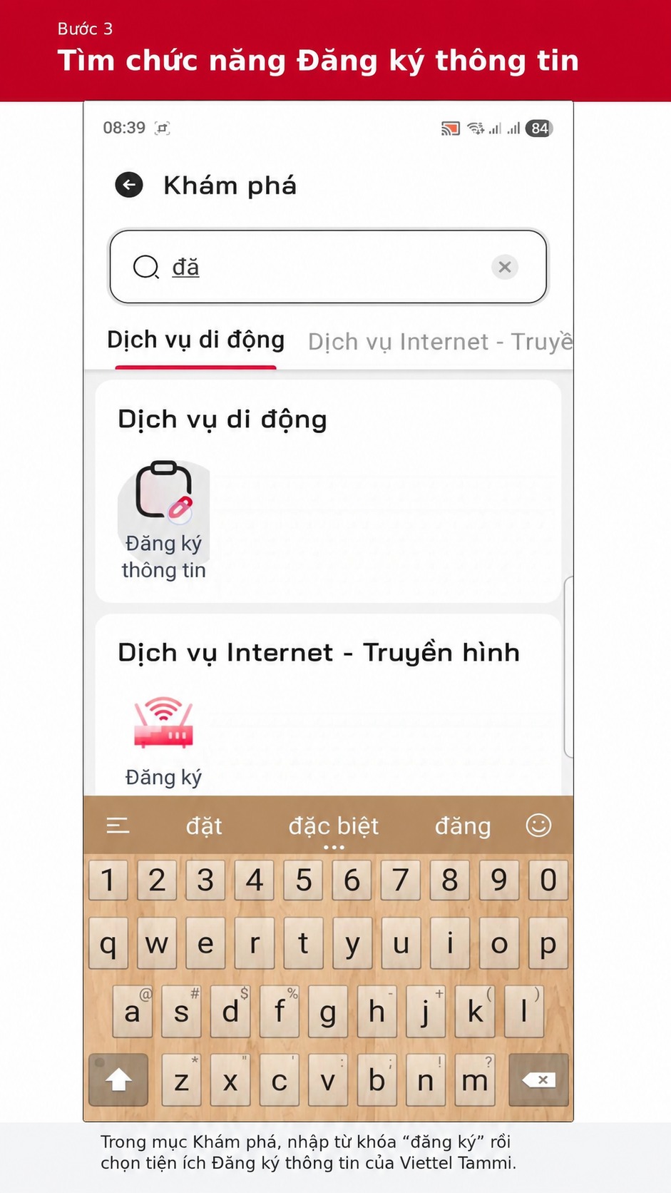Tìm chức năng Đăng ký thông tin trong Viettel Tammi