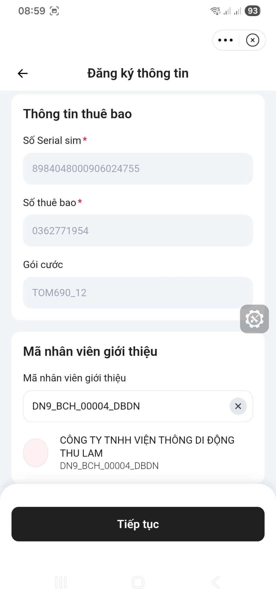 Nhập serial SIM, số thuê bao Viettel và mã giới thiệu khi cập nhật thông tin