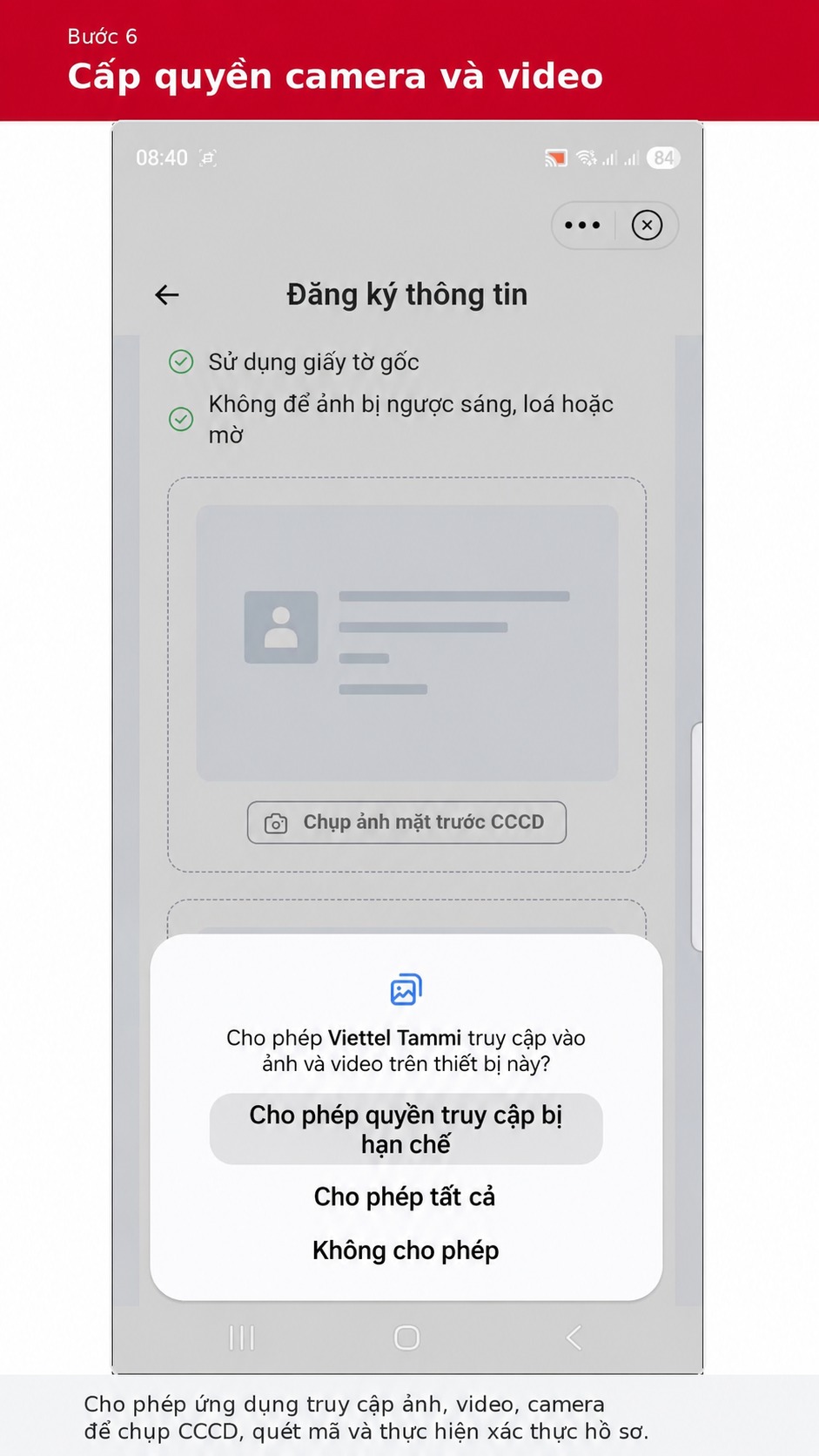 Cấp quyền camera và video cho Viettel Tammi để xác thực hồ sơ